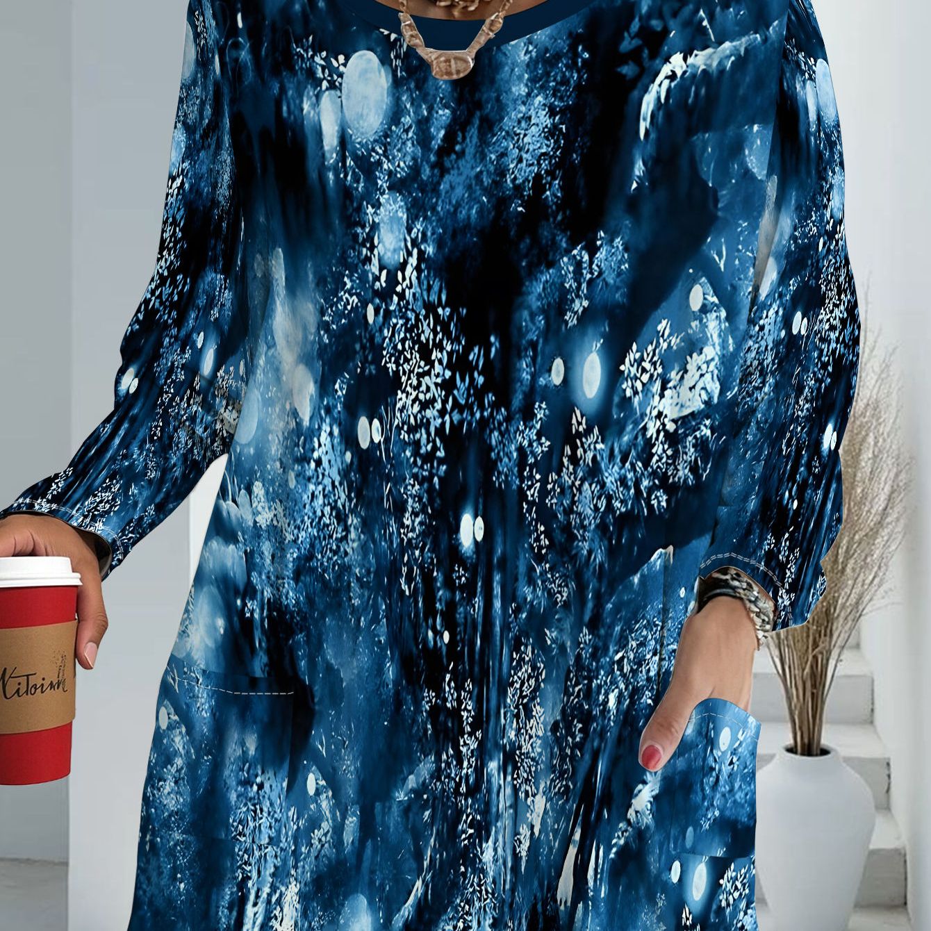 TEMU Women's Plus Size Blue Tie-dye Style Pattern Long Sleeve Loose Top, Women's Fashion Casual T-shirt, Plus Size Comfortable Versatile Style