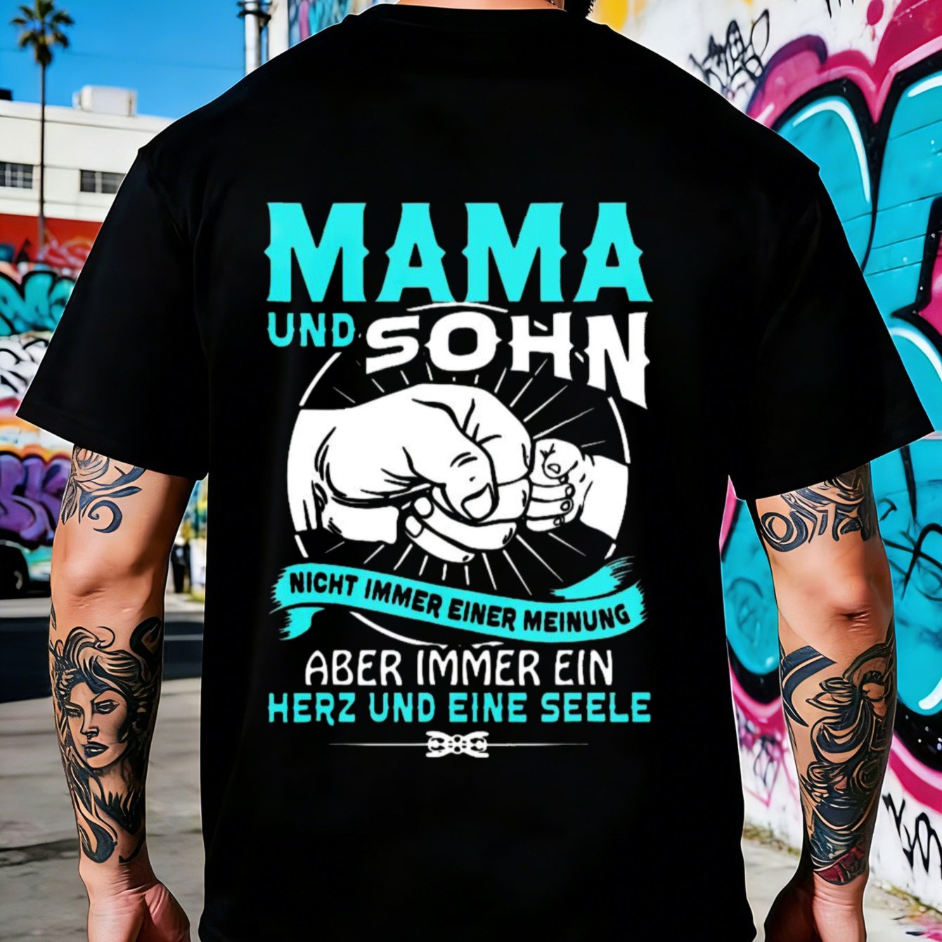 Black T Shirt With Mama Und Sohn Graphic And German Text For Family Moments And Streetwear Style