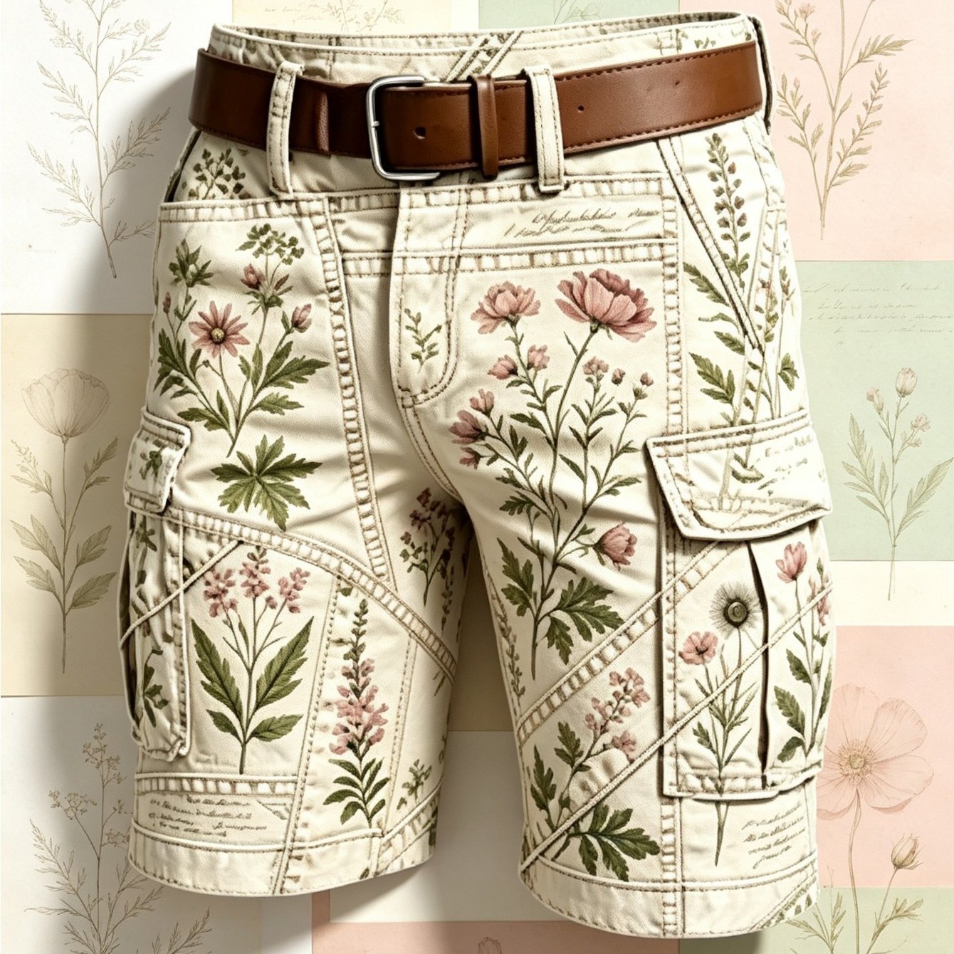 TEMU 1pc Men Vintage Botanical Floral Print Cargo Shorts, Contrast Multi Pocket Casual Work Shorts With Free Belt, Loose Straight Shorts For Summer
