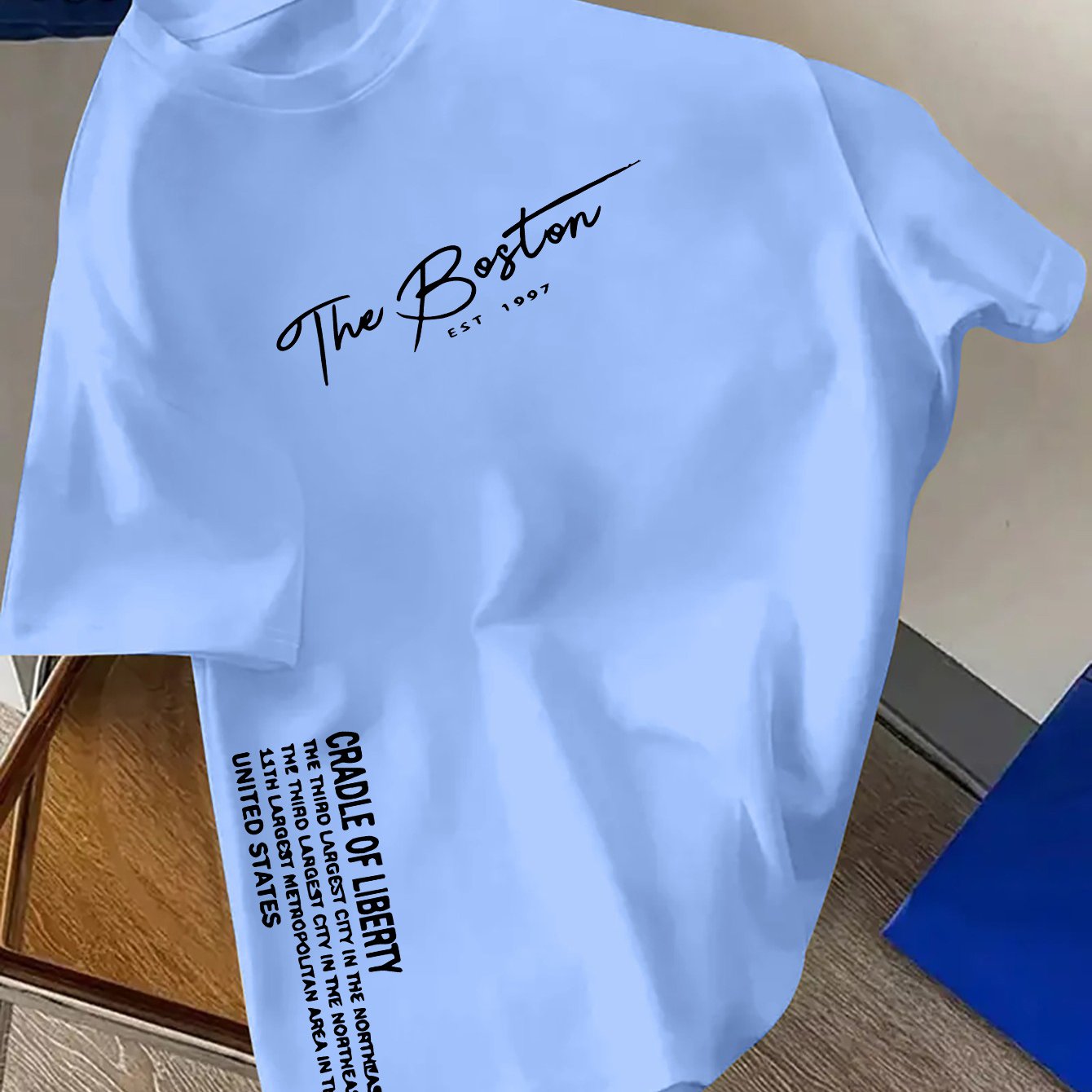 TEMU Boston Pattern 's T-shirt, , Fashionable Street Style Round Neck T-shirt, Suitable For Daily And Outdoor Wear