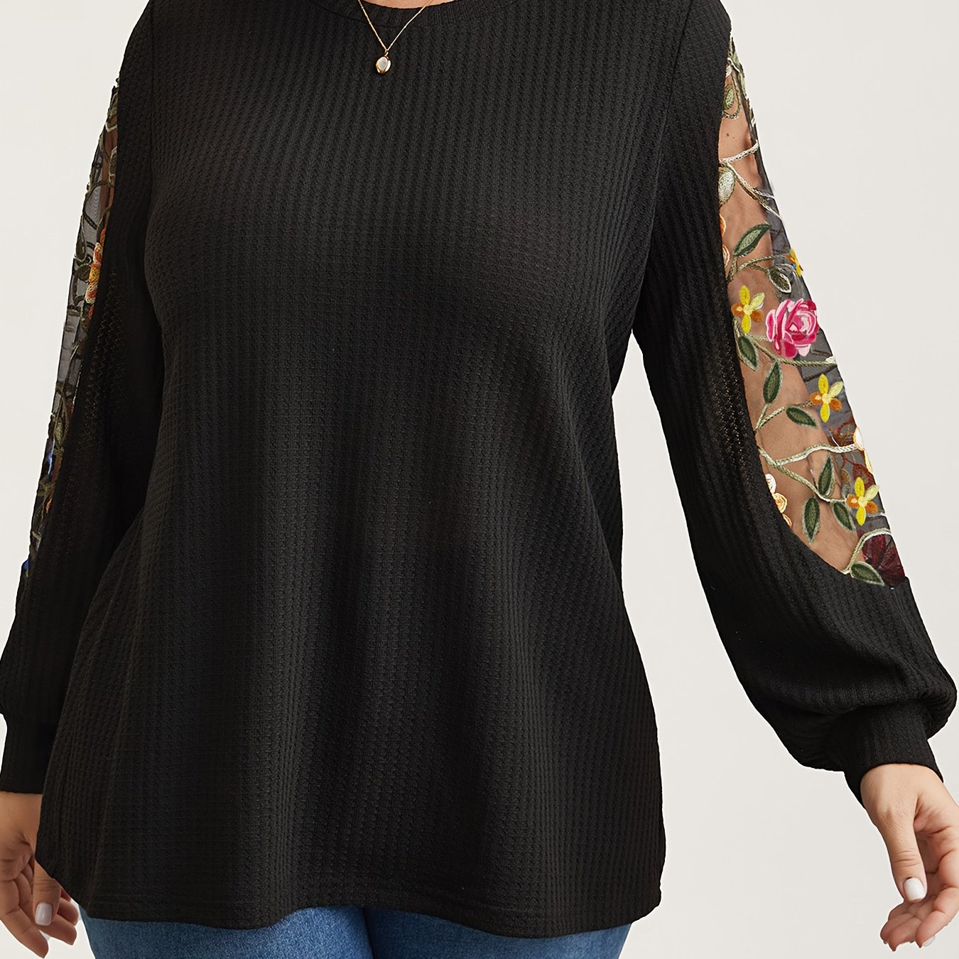 Image of Plus Size - Plus Size - Plus Size, Elegant Style T-shirt Top, Fall Winter Season Fashion Women's Comfortable Round Neck Stretch Sweatshirt, (embroidered Sleeve, Embroidery Craft) Textured Fabric