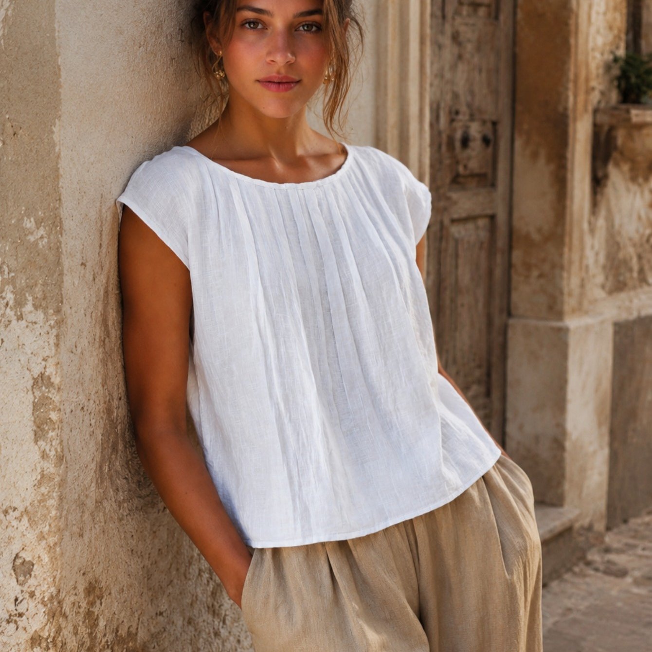 TEMU Western Cross-border Women's Temperament Pleated Round Neck Solid Color Loose All-match Women's Short Sleeve T-shirt