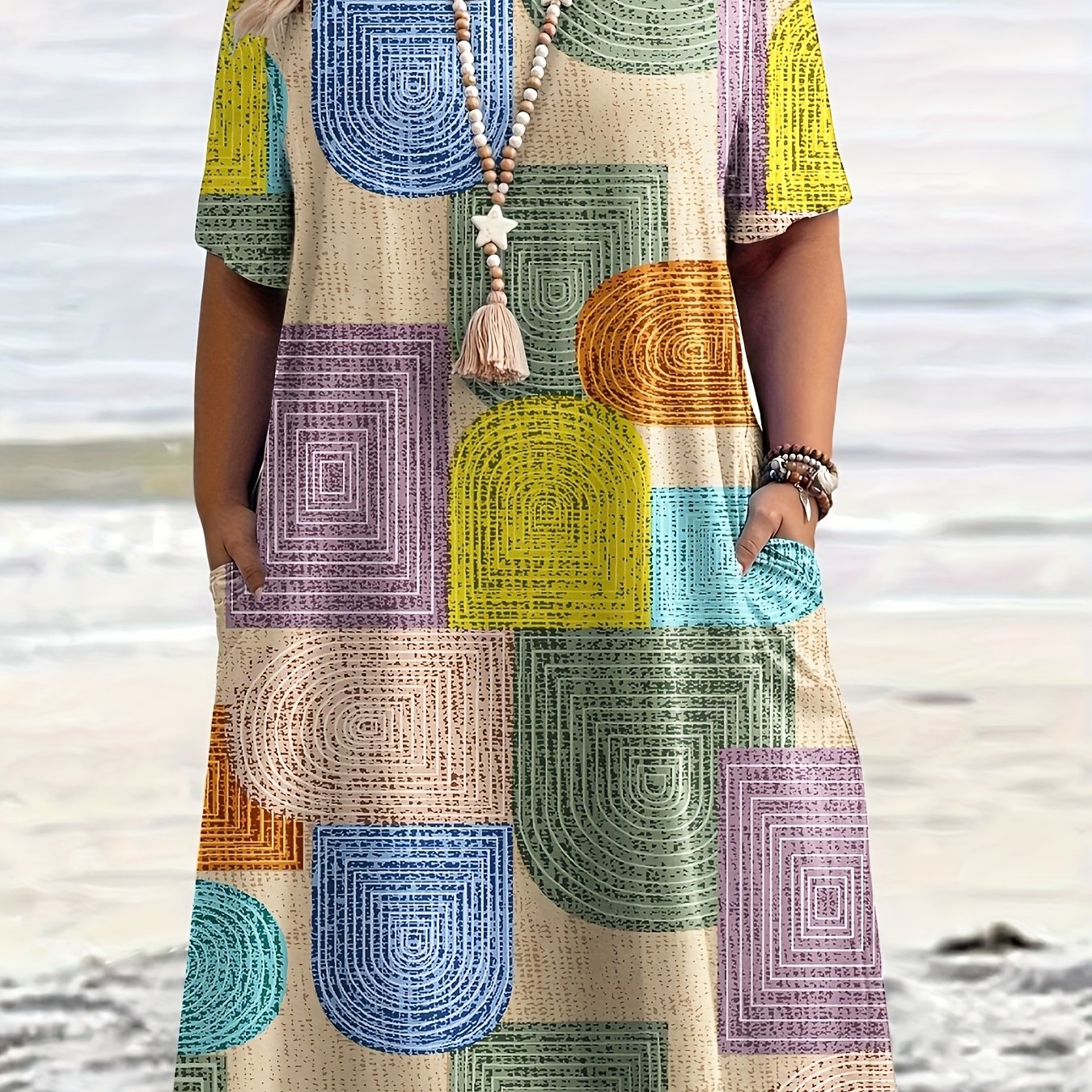 TEMU Plus Size - Plus Size - A Stylish And Minimalist Full-print Dress Featuring Colorful Geometric Patterns, Designed For Plus-size Women, Perfect For Vacations And Suitable For All , Casual Yet Chic