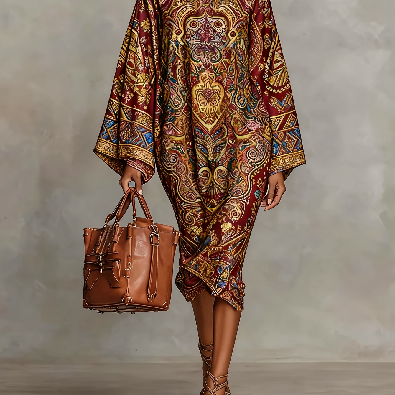 TEMU Women's Winter Dress - Vintage High Neck Long Sleeve Midi Length Dress With Mysterious Print, Loose Fit Commuter Style, Machine Washable Elegant Outerwear For, & Semi-formal Events (non-)