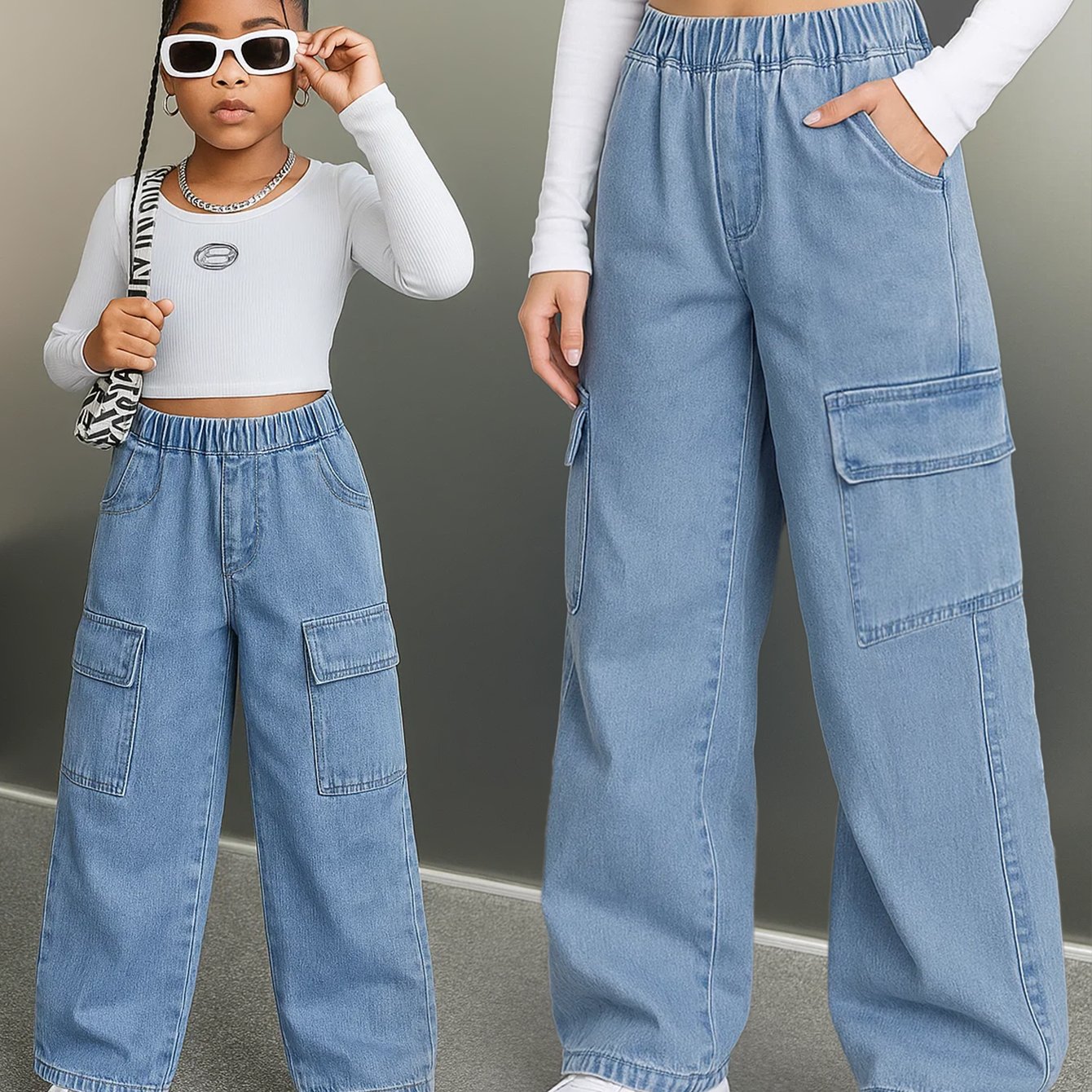 Image of 2025 New Y2k ' Washed Denim Jeans, Solid Color Straight Leg Jeans, Girls' Cargo Jeans, Boys' Denim Trousers, For Outdoor - Daily Wear -