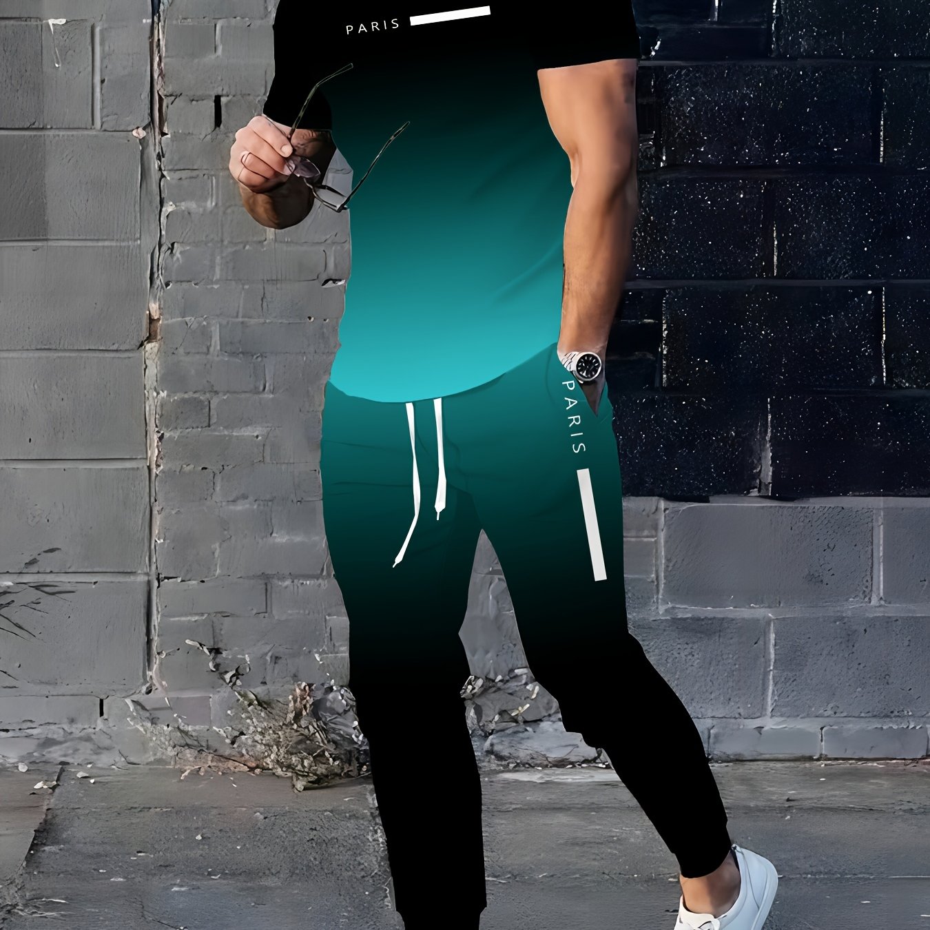 E-shop Herren Zweiteiliges Farbverlauf Oberteil und Hose, Buchstabenprint "PARIS" Rundhals Kurzarm T-Shirt und Shorts, Lässige Modische Sommer Outdoor