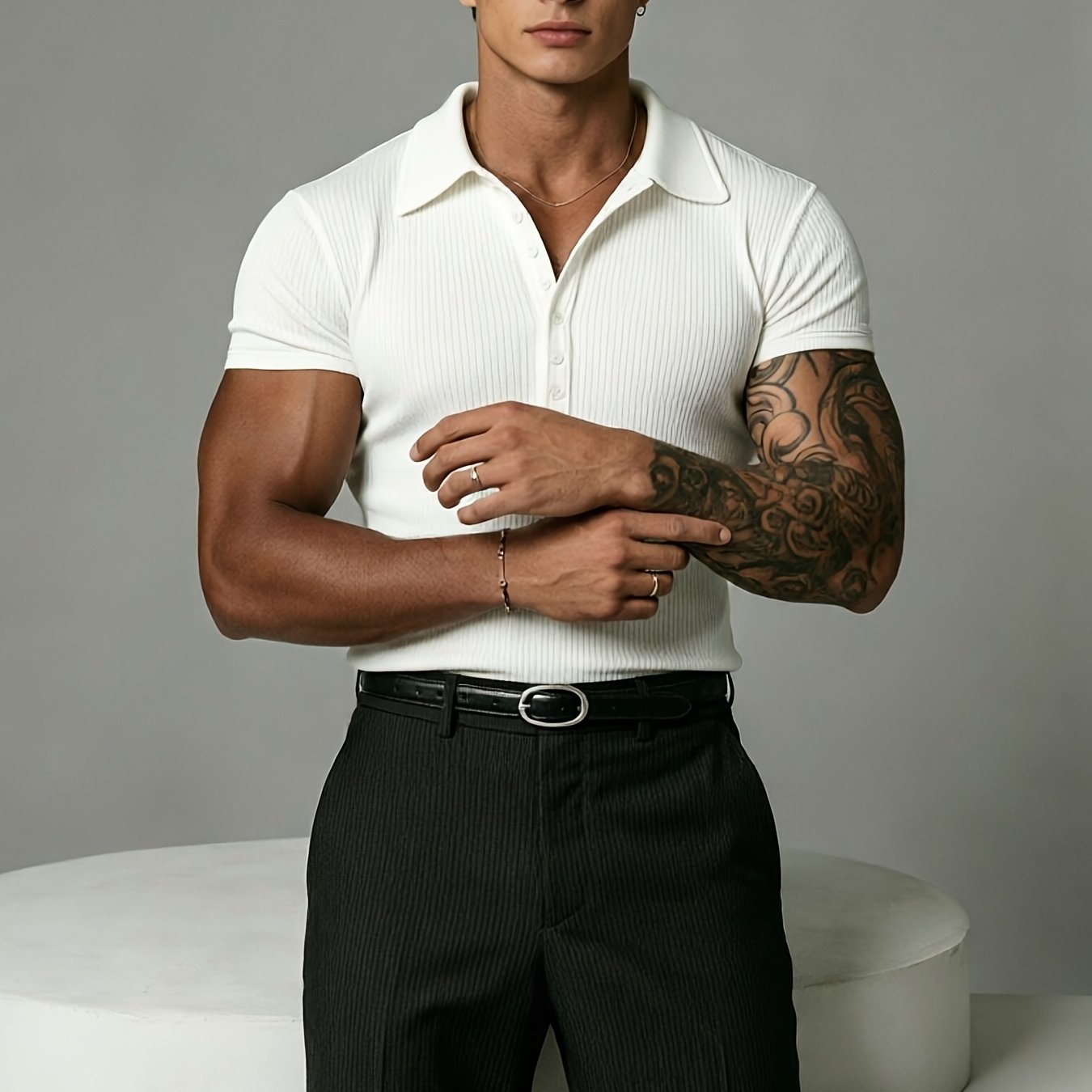 TEMU [ Mei Obm] 2026 Light Business Men' Textured Short Sleeve Vertical Ribbed Henley Half-button Collar Short Sleeve Stretch Slim Date Versatile Top