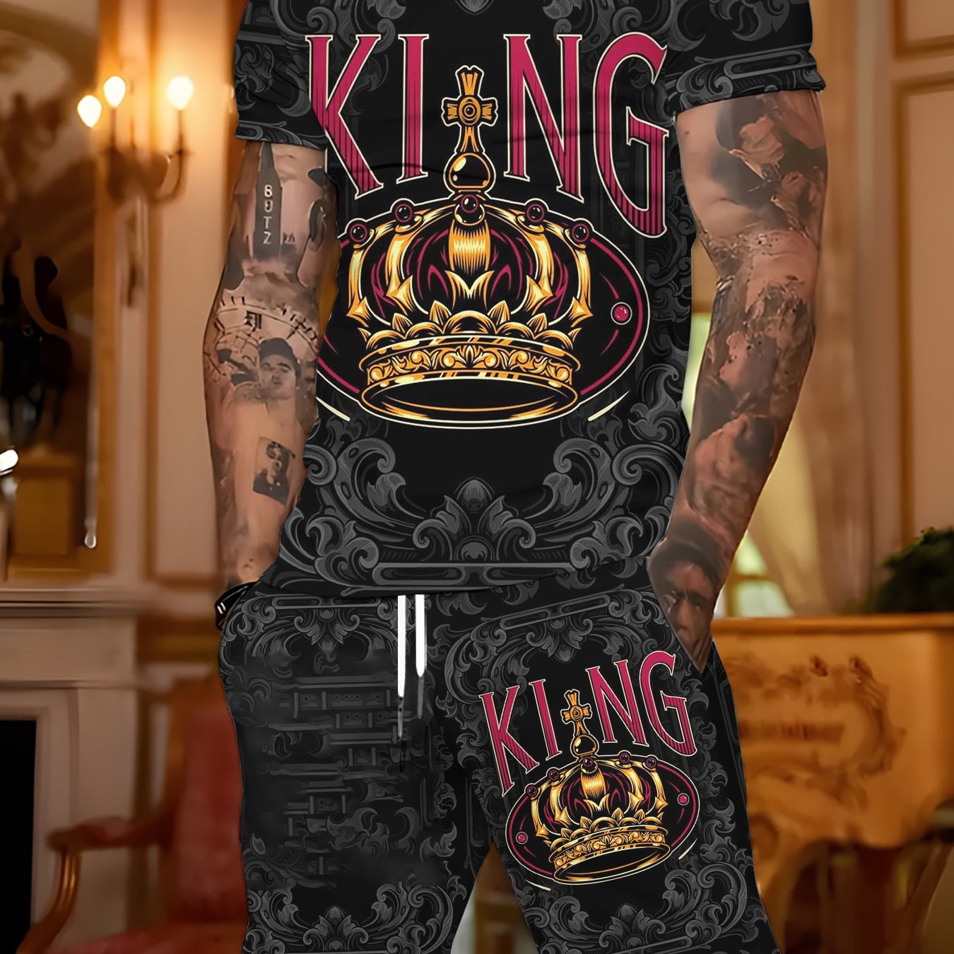 TEMU [printed Design â Not Textured] King' Themed Vintage Carved Pattern Men's Suit, High-end Full Set For Daily Casual And Sportswear, 2pcs Set