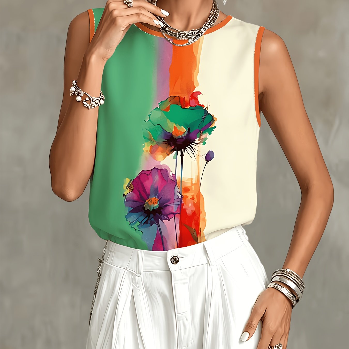 TEMU Women's Summer Sleeveless Top With Color-block Watercolor Large Floral Gradient Print, Trendy Sleeveless Top