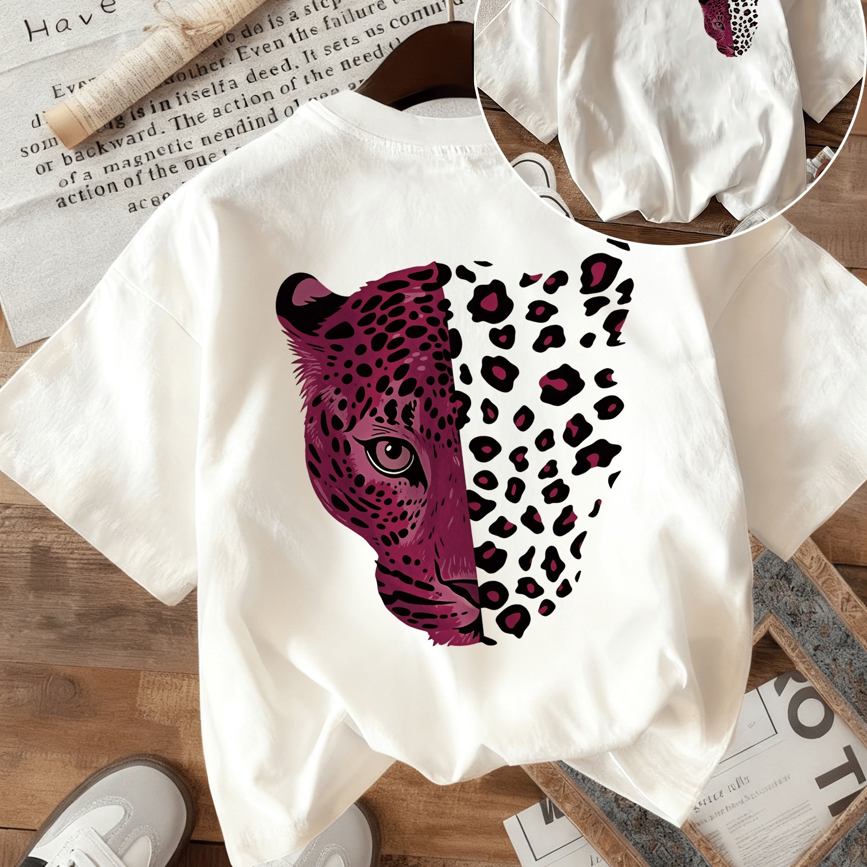 TEMU Pop Leopard Print Double-sided Printed Summer Casual Women's Top, Round Neck Short Sleeve T-shirt