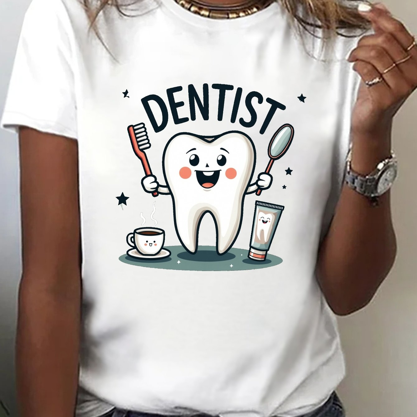 TEMU Tooth Dentist Print T-shirt, Short Sleeve Crew Neck Casual Top For Summer & Spring, Women's Clothing
