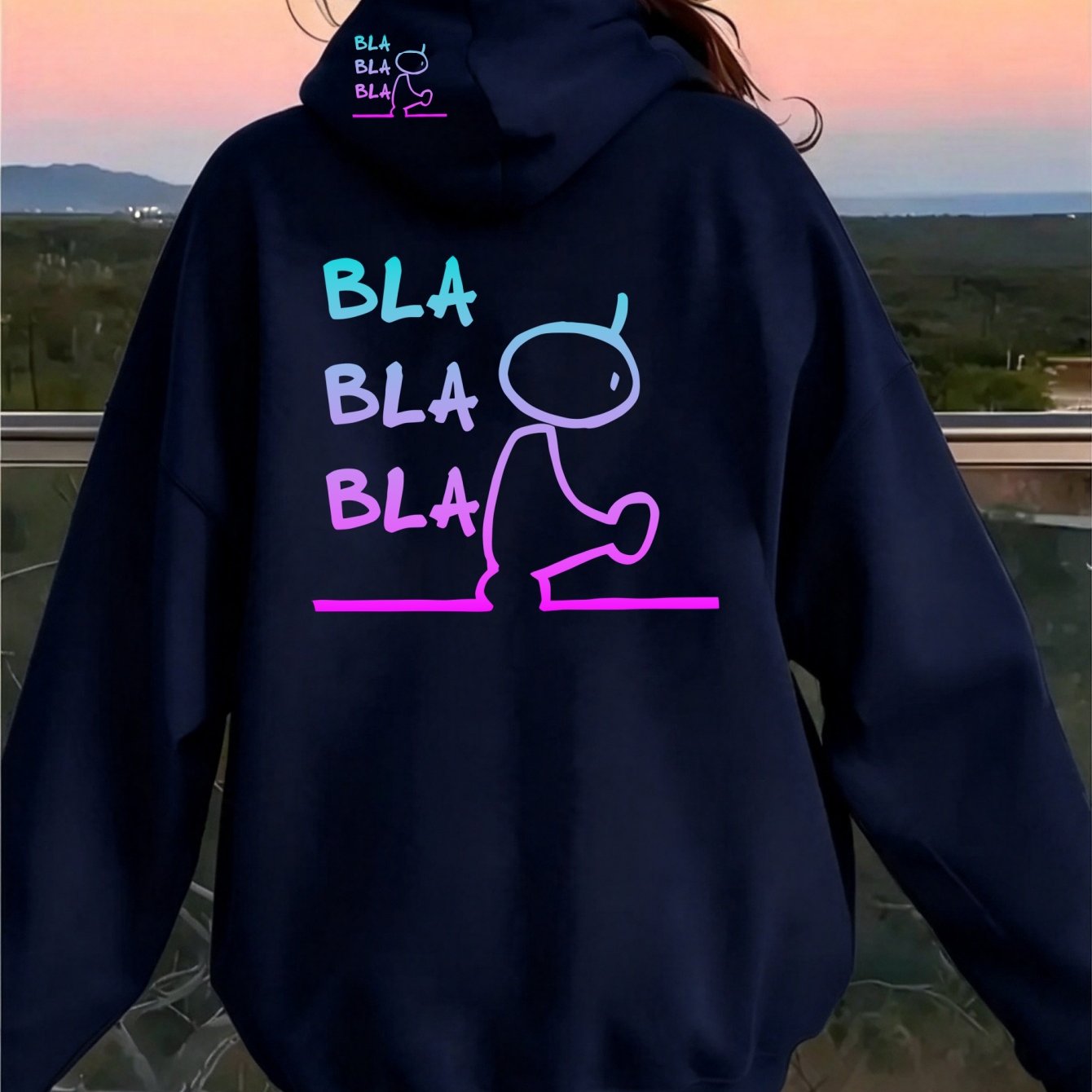 TEMU Women New Hoodie, Back & Hood Gradient Color Cartoon With ' Bla' Print, Loose Drop Shoulder Long Sleeve Hooded Sweatshirt, Soft Casual -xxl