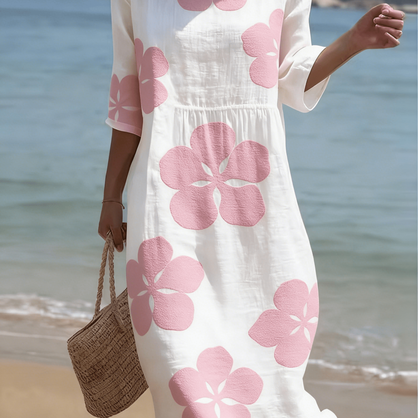 Women's Oversized Pink Hibiscus Print Midi Dress, Floral Pattern 3/4 Sleeve Crew Neck Flowy Dress, Casual Beach Swing Dress