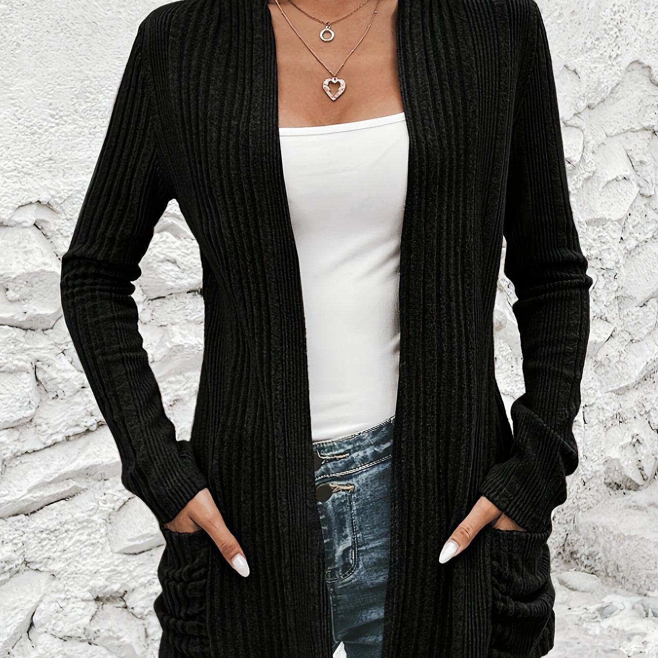 TEMU Open Front Dual Pockets Cardigan, Casual Solid Long Sleeve Ribbed Cardigan, Women's Clothing