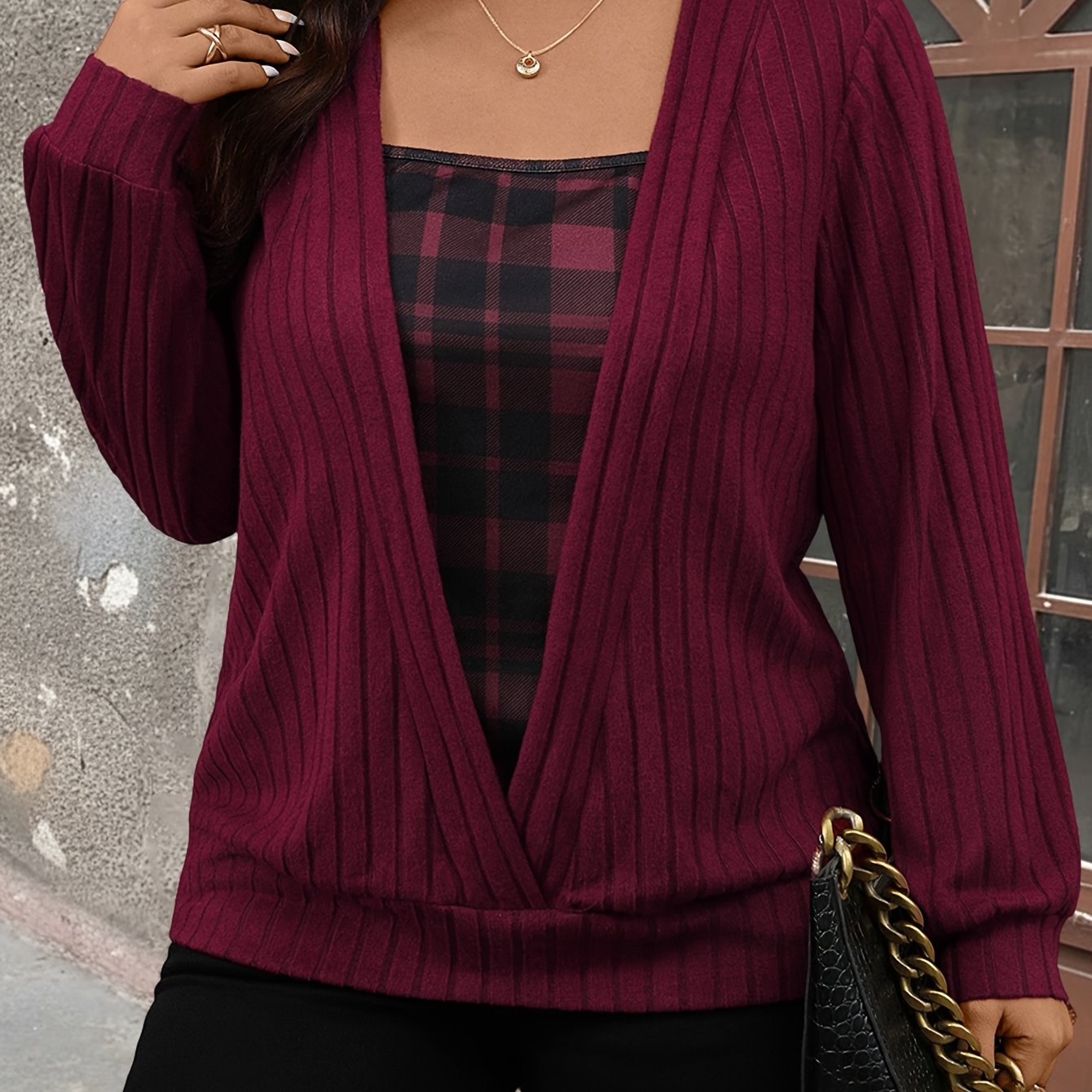 TEMU Plus Size, A Color-block Printed 2-in-1 Look Long-sleeve Textured Casual Plus-size Women's Commuting And Home Top