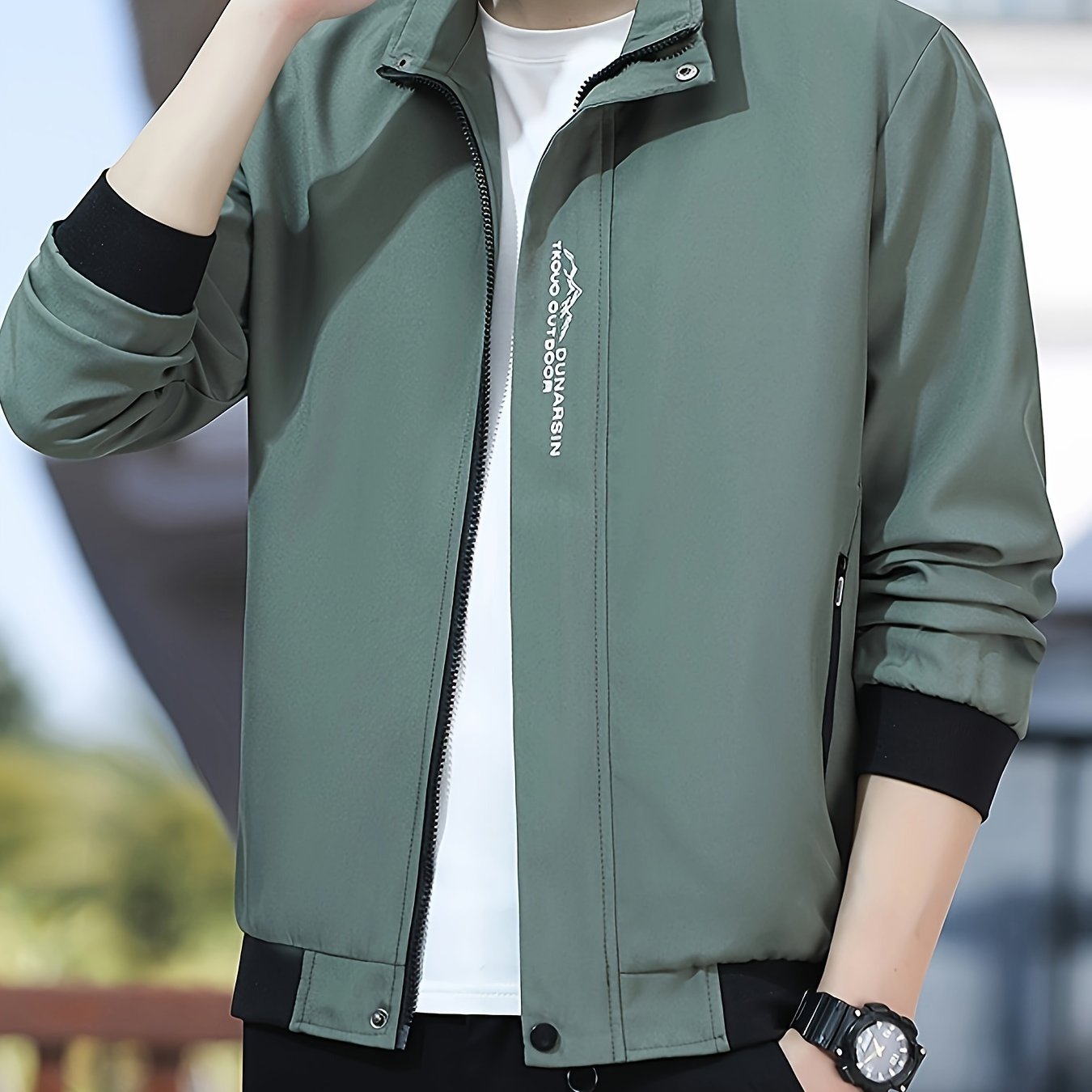 TEMU Zhenxuan Men's Jacket, Small Collar Top With Zippered Pockets, Printed Themed Trendy Style