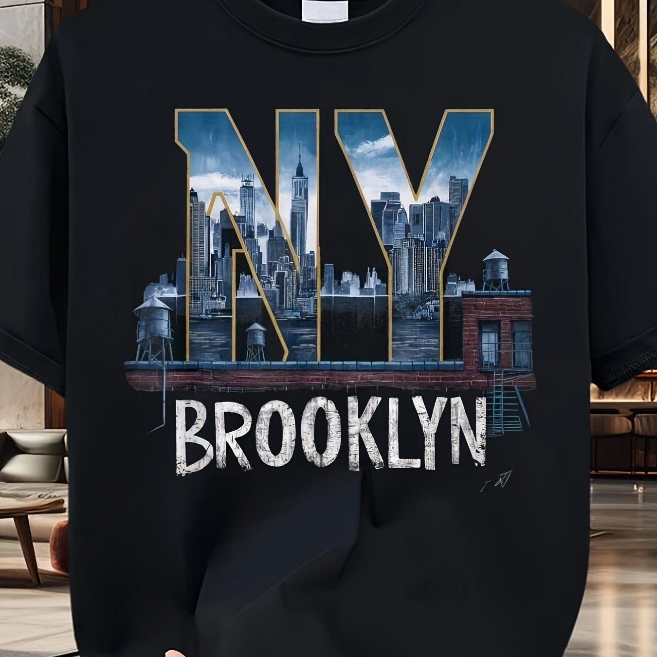 TEMU Retro Urban Style Nyc Pattern Men's And Design Short-sleeved Casual Shirt Comfortable Machine-washable Sizes S To Xxxl Crew Neck Flared Retro