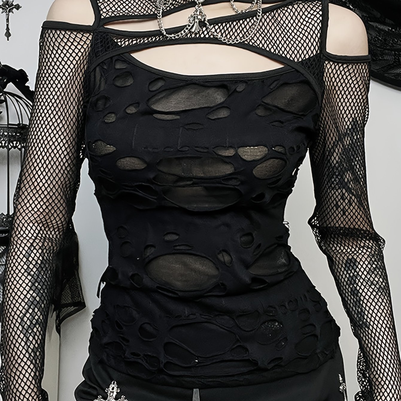 Image of Halloween Role-play Costume, Dark Gothic Style Individual Women's Wear Spicy Sexy Slim Mesh Hole Long Sleeve Top Women's Halloween Party Outfit