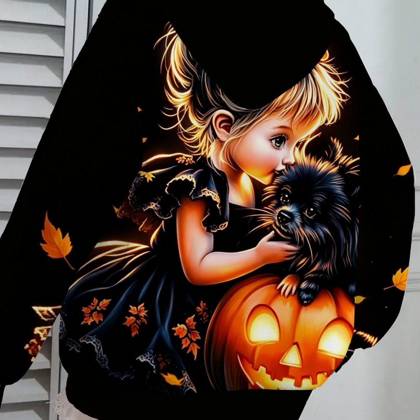 TEMU Plus Size Women's Halloween Puppy Pumpkin Lantern Printed Black Hooded Sweatshirt, Loose Off-shoulder Long Sleeve Pullover Hoodie