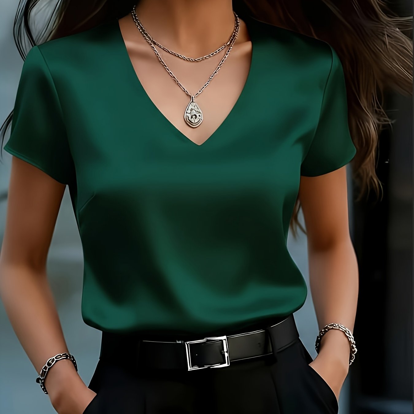 TEMU Women's Fashion Short-sleeved Shirt, Short-sleeved V-neck Pullover Shirt, Beautiful Women's Shirt In Summer, Elegant Temperament Commuter Slim