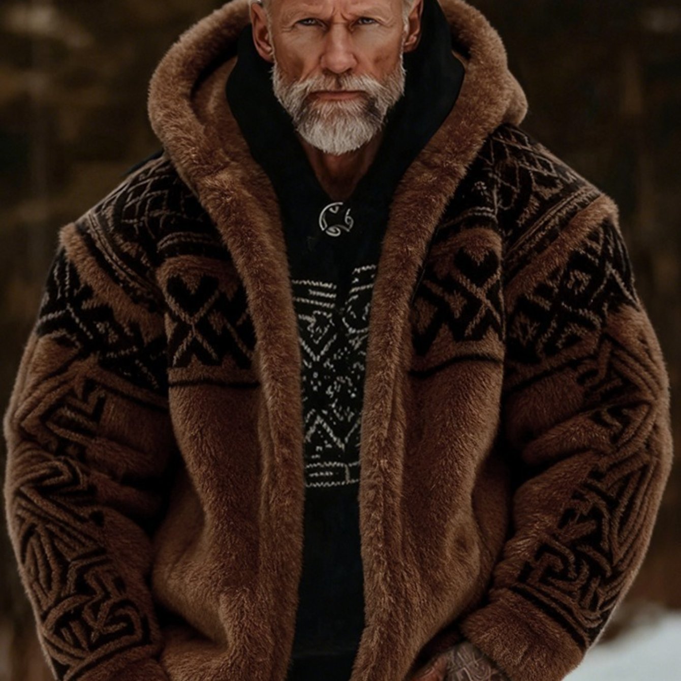 TEMU Übergroße Herren Street Casual Kapuzen-Cardigan mit Reißverschluss. Retro Geometrischer Druck Jacke, für Freizeitkleidung im Herbst und Winter.