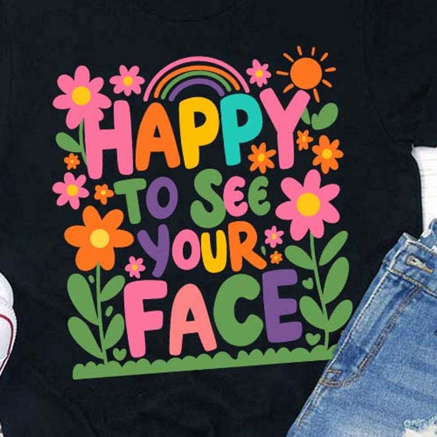 TEMU Vibrant Floral Rainbow - "happy To See Your Face" Design, 100% Round Neck Short Sleeve - Spring/summer/fall Casual Wear