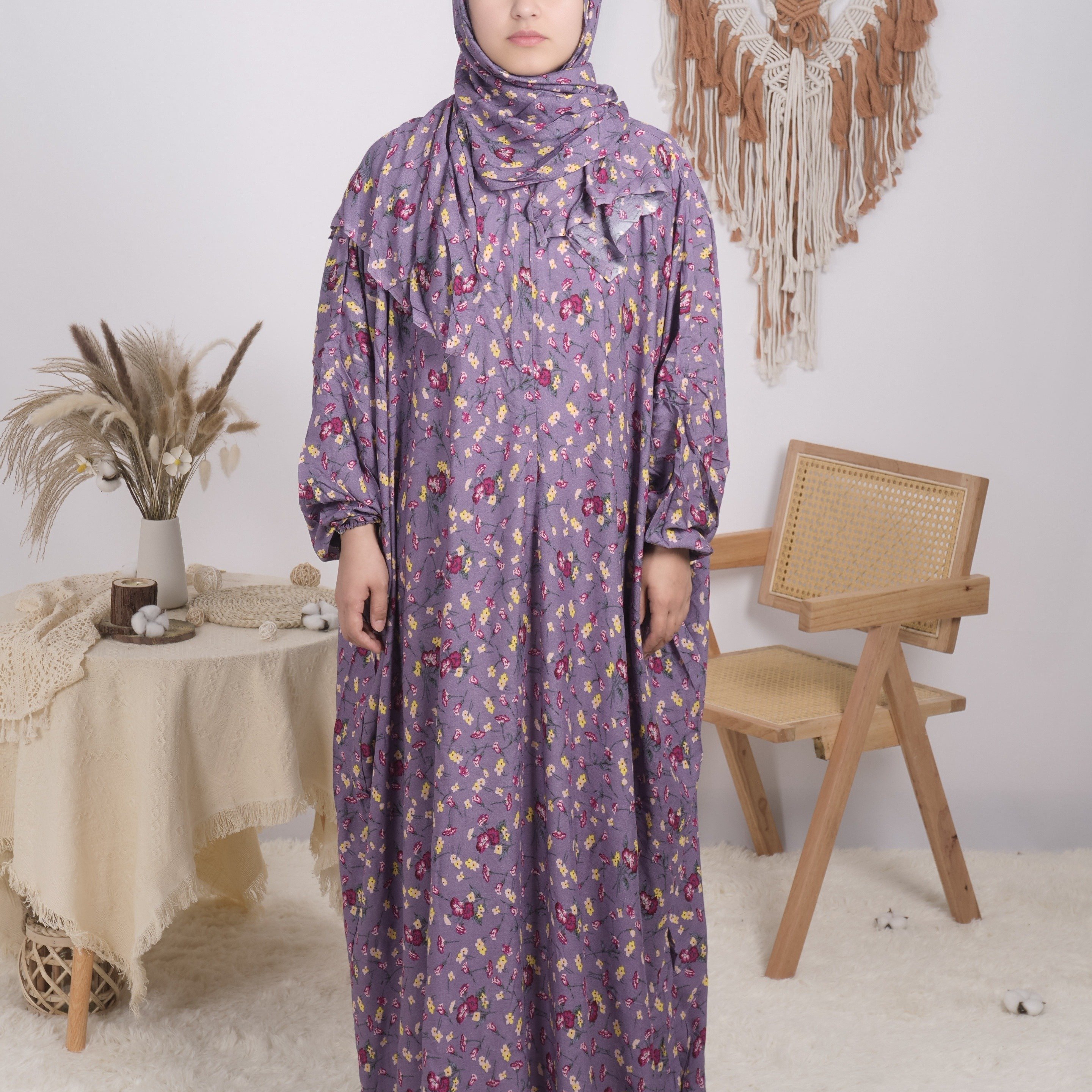 Image of Plus Size - Plus Size - Ladies' Plus-size Floral Print Kaftan Long Dress, Elegant Dress With Small Floral Patterns, Abaya Style
