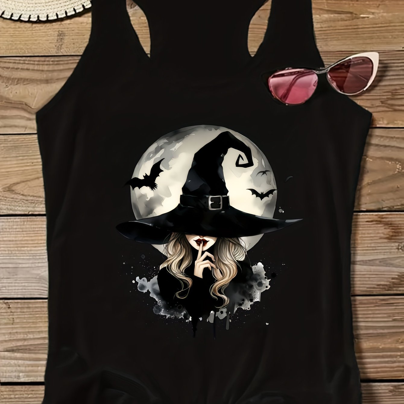 TEMU Un haut manches élégant et décontracté avec un imprimé de sorcière magique, parfait pour et l'été, avec un col rond et une ambiance streetwear