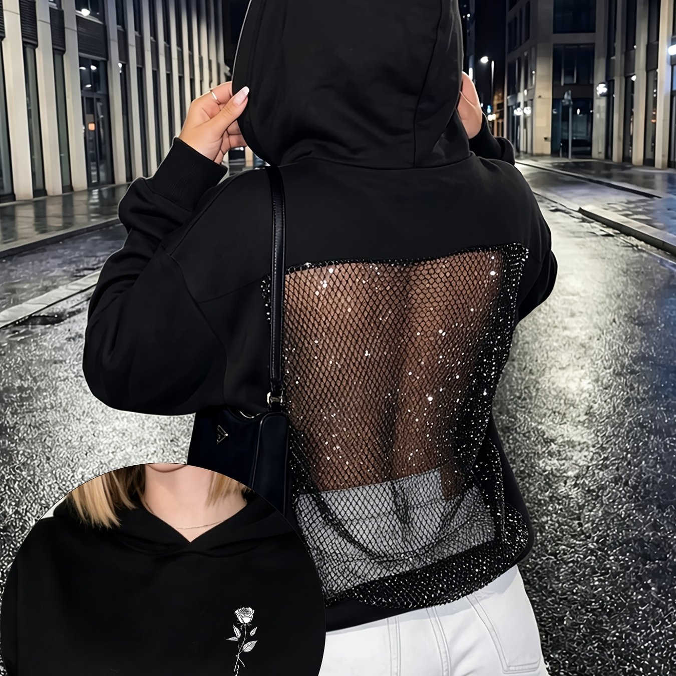 TEMU Felpa con cappuccio da donna, strass sul retro e design traforato con stampa a rose, stile spicy, oversize