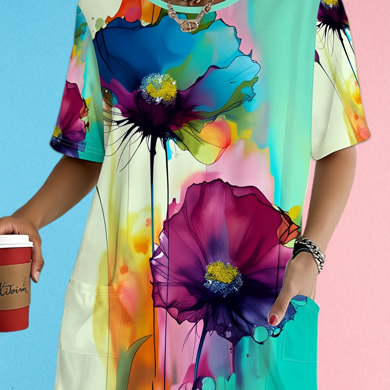 TEMU Plus Size Women's Full-body Smudge Poppy Flower Print T-shirt - Macaron Color Block Short Sleeve Crew Neck Blouse-compatible Top | Machine