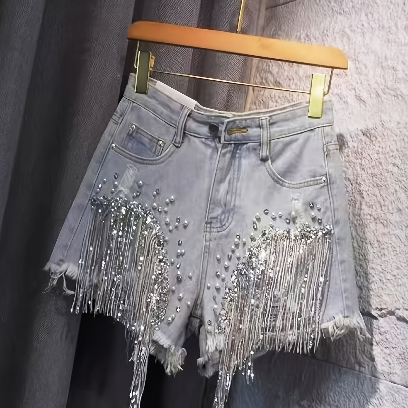 Summer New Fringed Pearl Sequined Fashion Denim Shorts