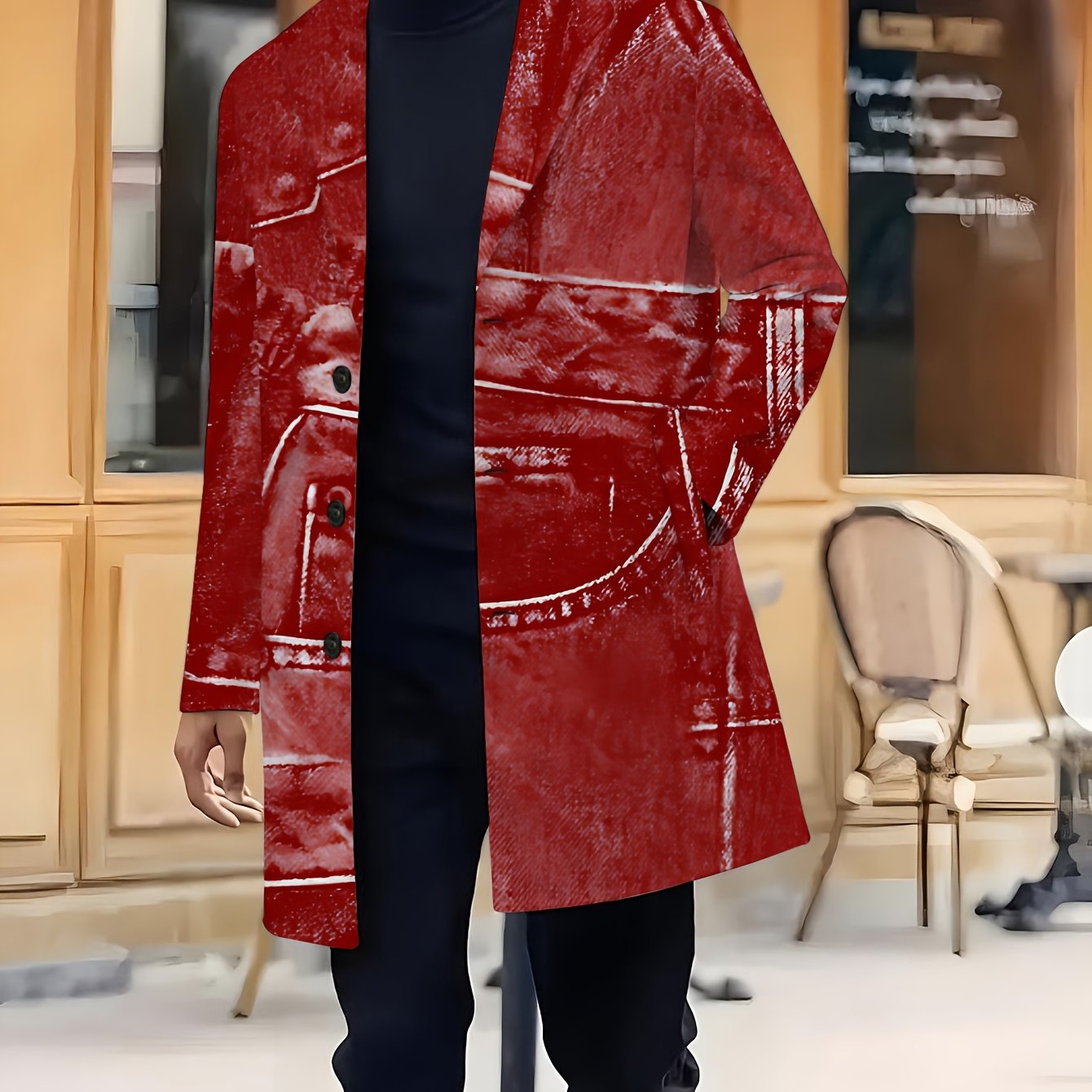 TEMU [print Design - Not Textured] Plus Size Coat For Men, Overcoat For Autumn/winter, Denim Pattern, Trendy Comfortable Street Elegant Grand,