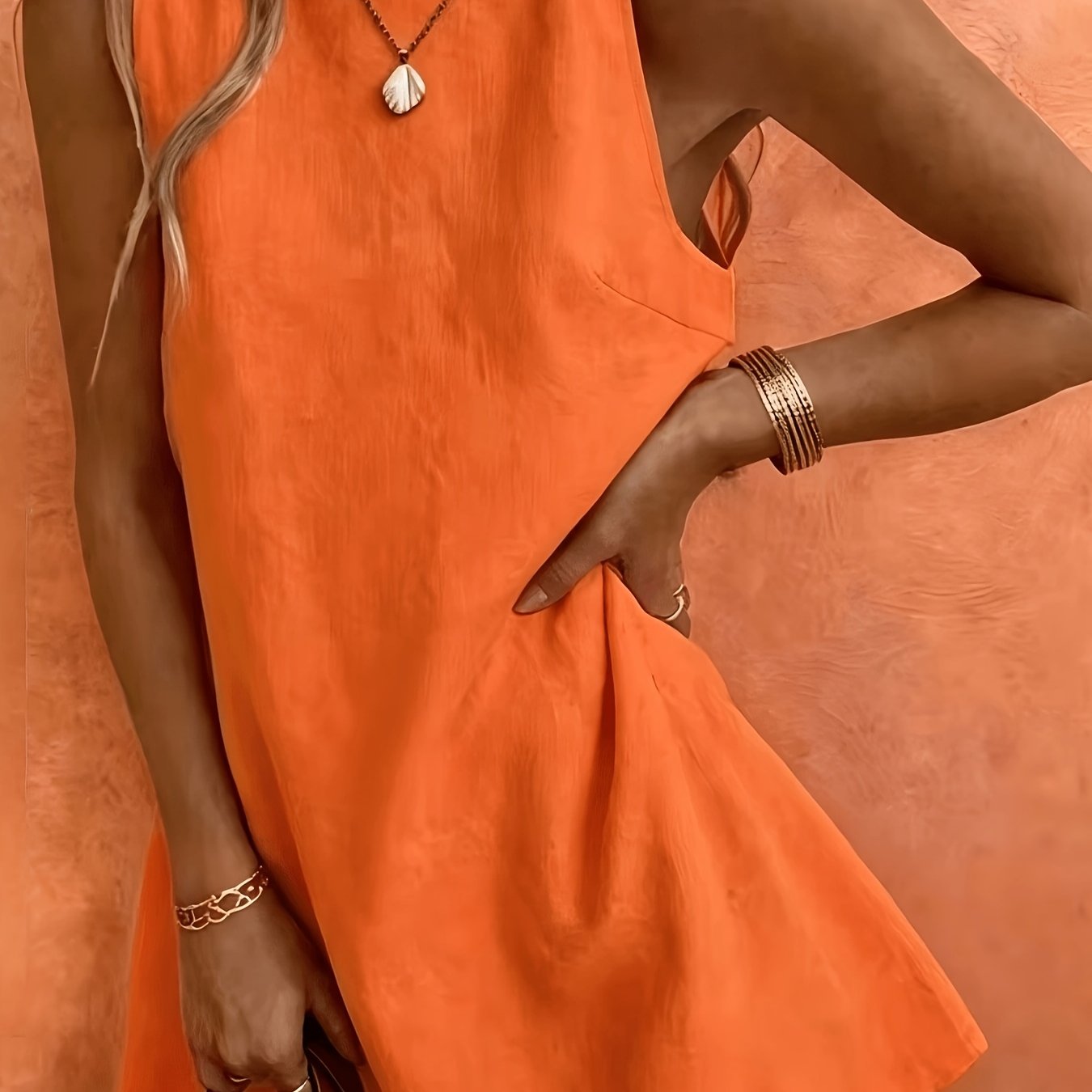 TEMU Zj0517010 Women' Color Casual Loose Round Neck Back Slit Mushroom Button Design Comfortable Dress