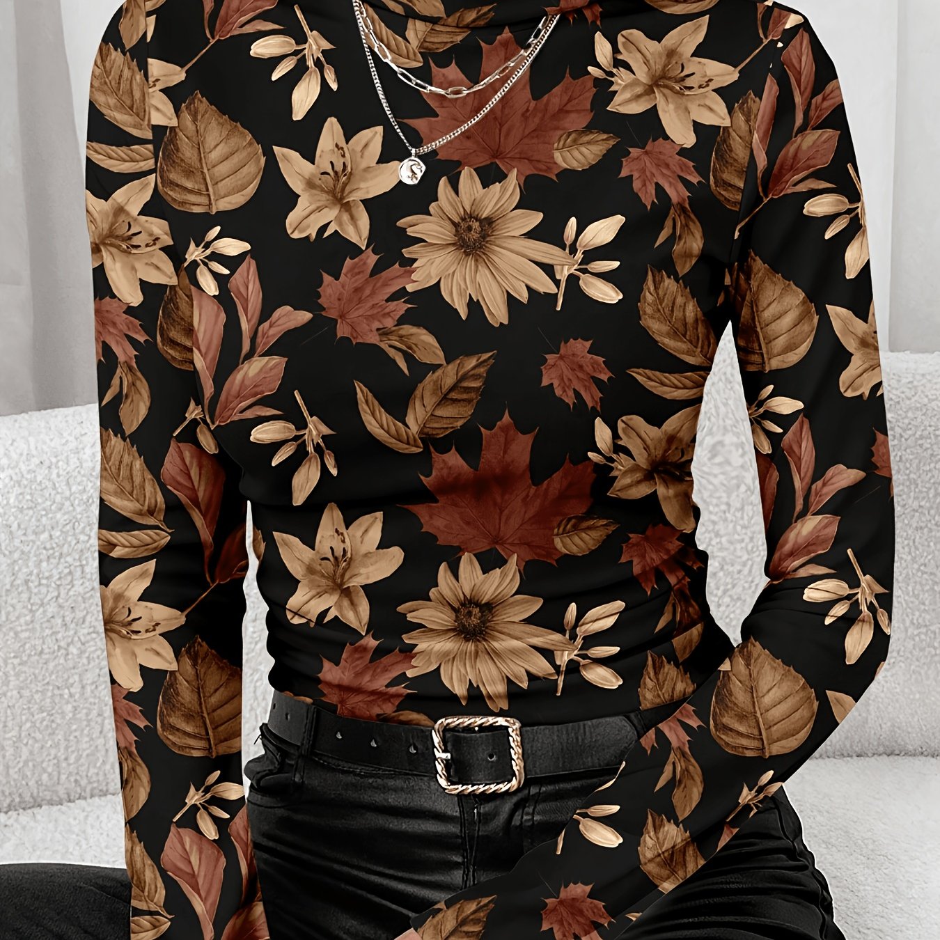 TEMU Top da donna /inverno stile vintage con stampa a foglie d'acero e a maniche lunghe, di base aderente per spostamenti quotidiani, appuntamenti e