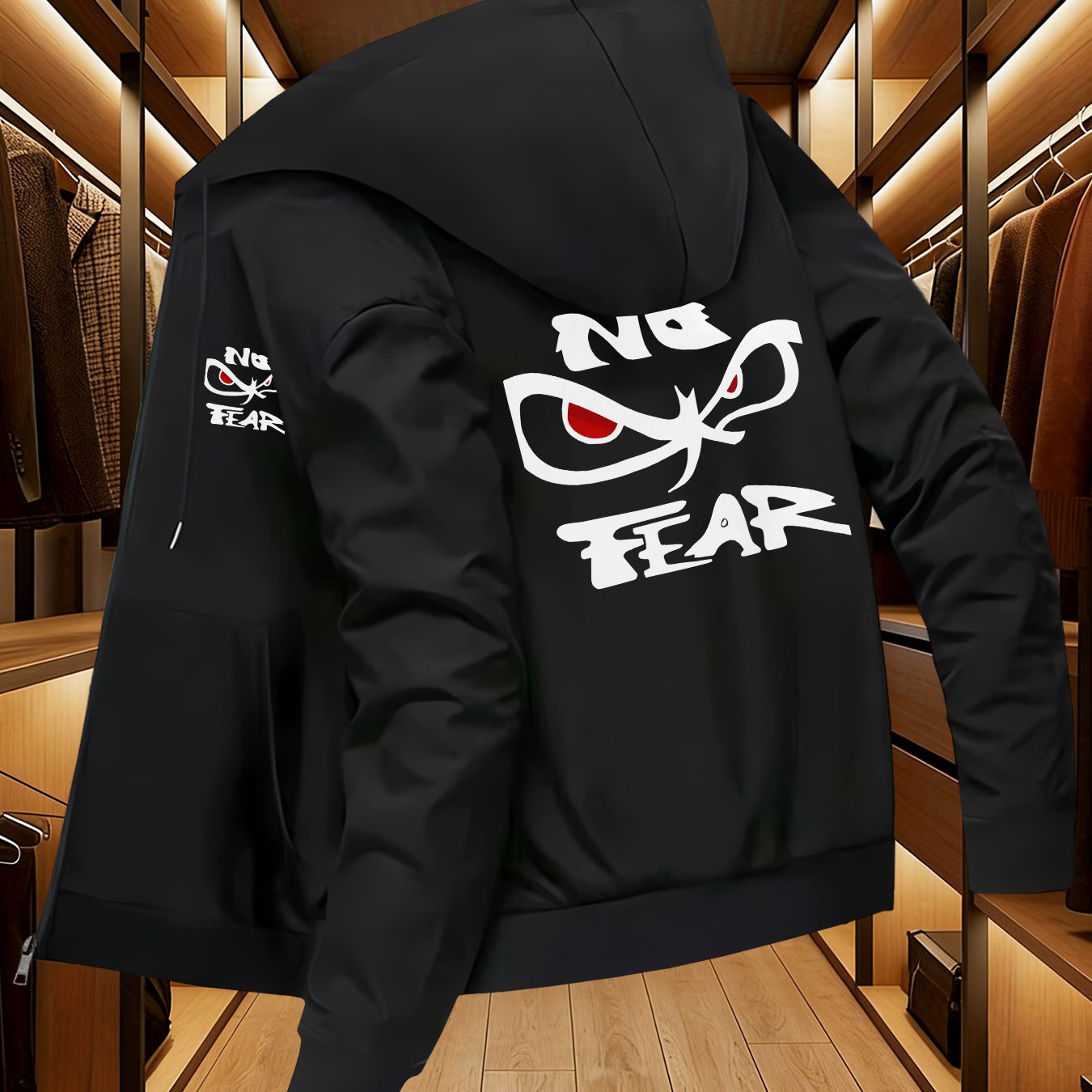 TEMU Men's Fashion Hooded Jacket With Fearless Eye Print, Casual Outerwear Featuring Side Pockets And Slim Fit, Autumn/winter Sports Coat For Men