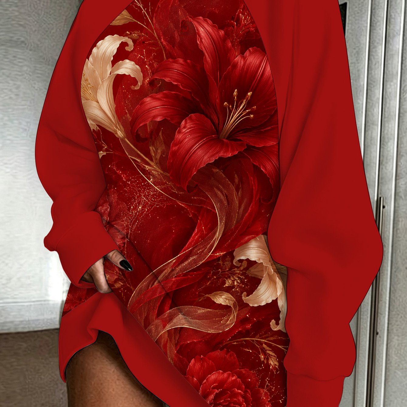 TEMU Peony Floral Women's Printed Sweatshirt, Autumn Winter Long Length Street Casual Wear