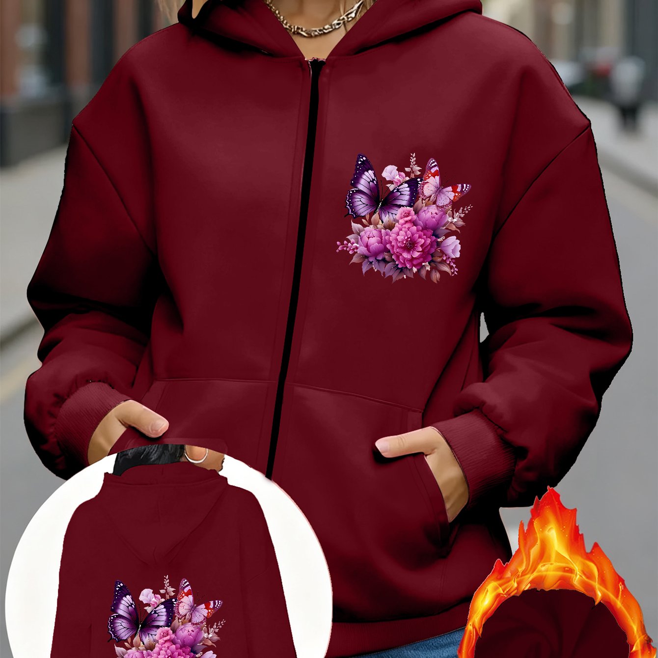 TEMU 1pc Romantic Sweet Floral Print New Y2k Women's Sportswear Autumn Winter Hooded Zipper Cardigan With Fleece And Comfortable Sports Casual Jacket