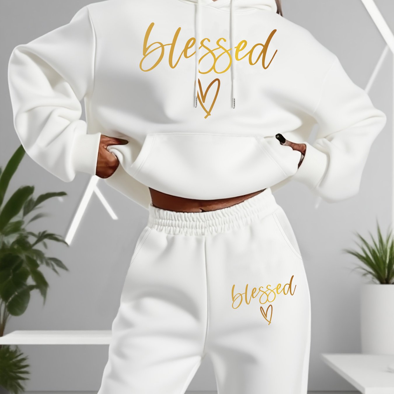 TEMU Women's Casual Hoodie & Pants Set - "blessed" Graphic Print, Fleece-lined, Drawstring Waist, , Casual Attire, Casual Wear,