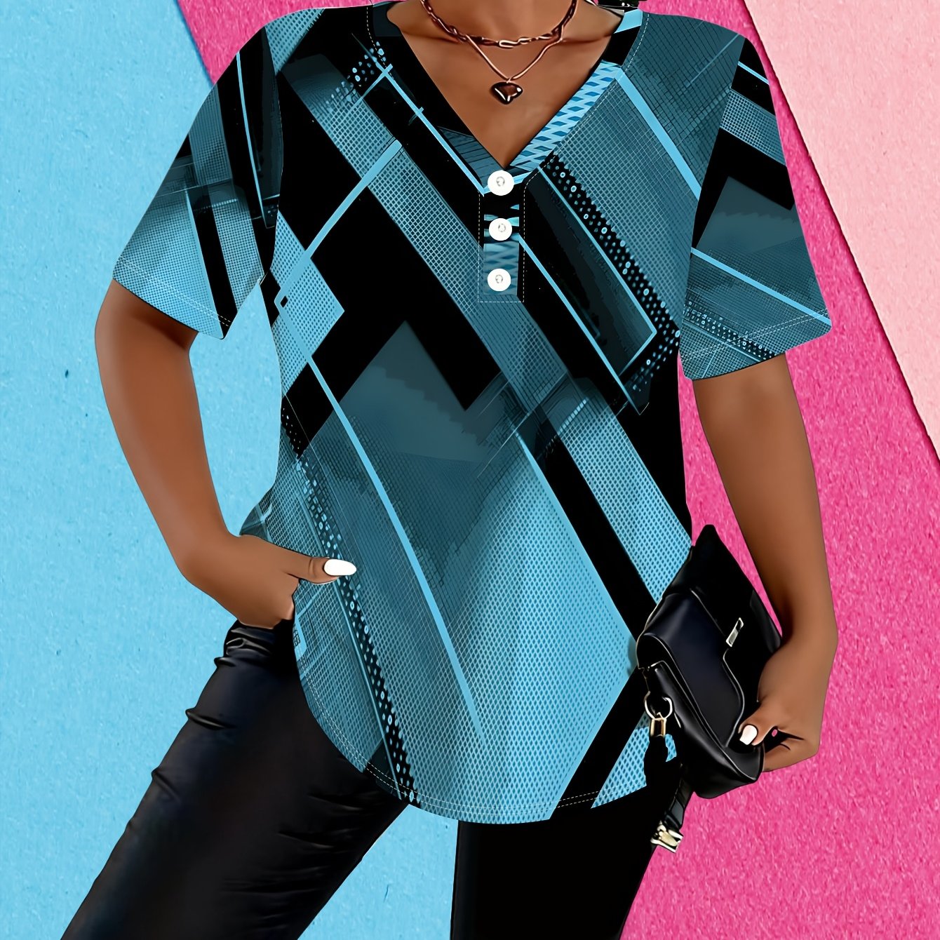 TEMU Plus Size Women's Summer Black And Blue Geometric Stripe Light Luxury -button V-neck Short Sleeve T-shirt Sporty Casual Comfortable Top