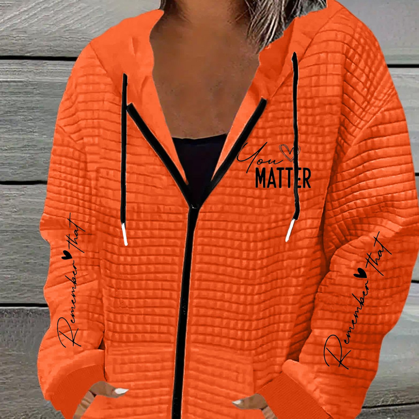 TEMU Plus Size - Plus Size - Letter Print Zip-up Outerwear, Waffle Hooded Jacket