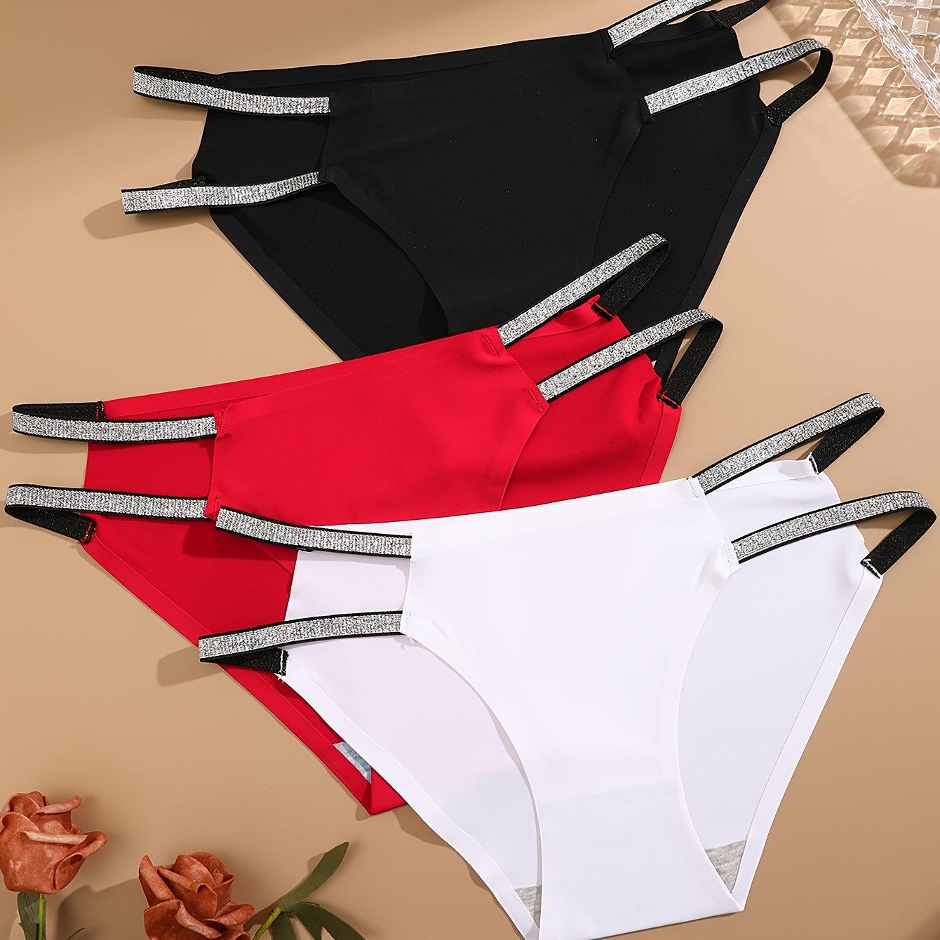 TEMU 3pcs Women's Sexy Low-rise Briefs With Glitter Waistband, Seamless Nylon Blend Panties - Fashionable & Comfortable, Plus Size Panties, Double Silvery Glitter, Triangle Panties