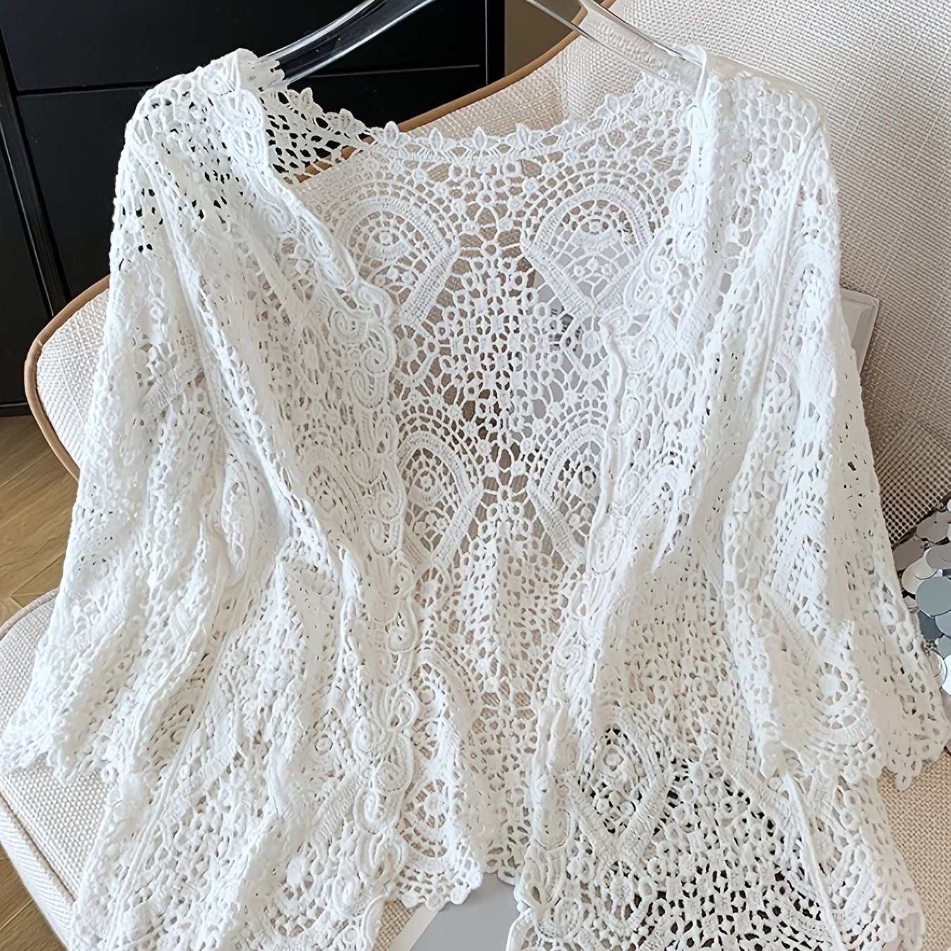 E-shop Bohemian Ethno-Stil Lässiger Cardigan mit Durchbrochenen Fünf-Viertel-Ärmeln