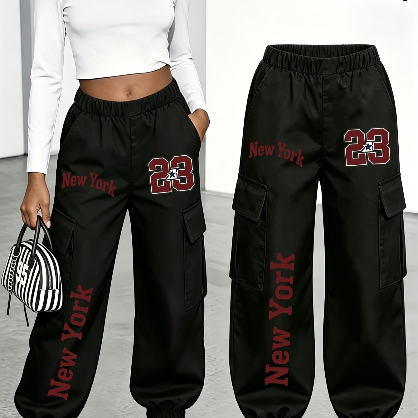 TEMU Plus Size Women's Cargo Joggers, Street Style Size 23 California Letter Number Print Multi-pocket Cargo Pants Fit, Elastic Ankle-cinching