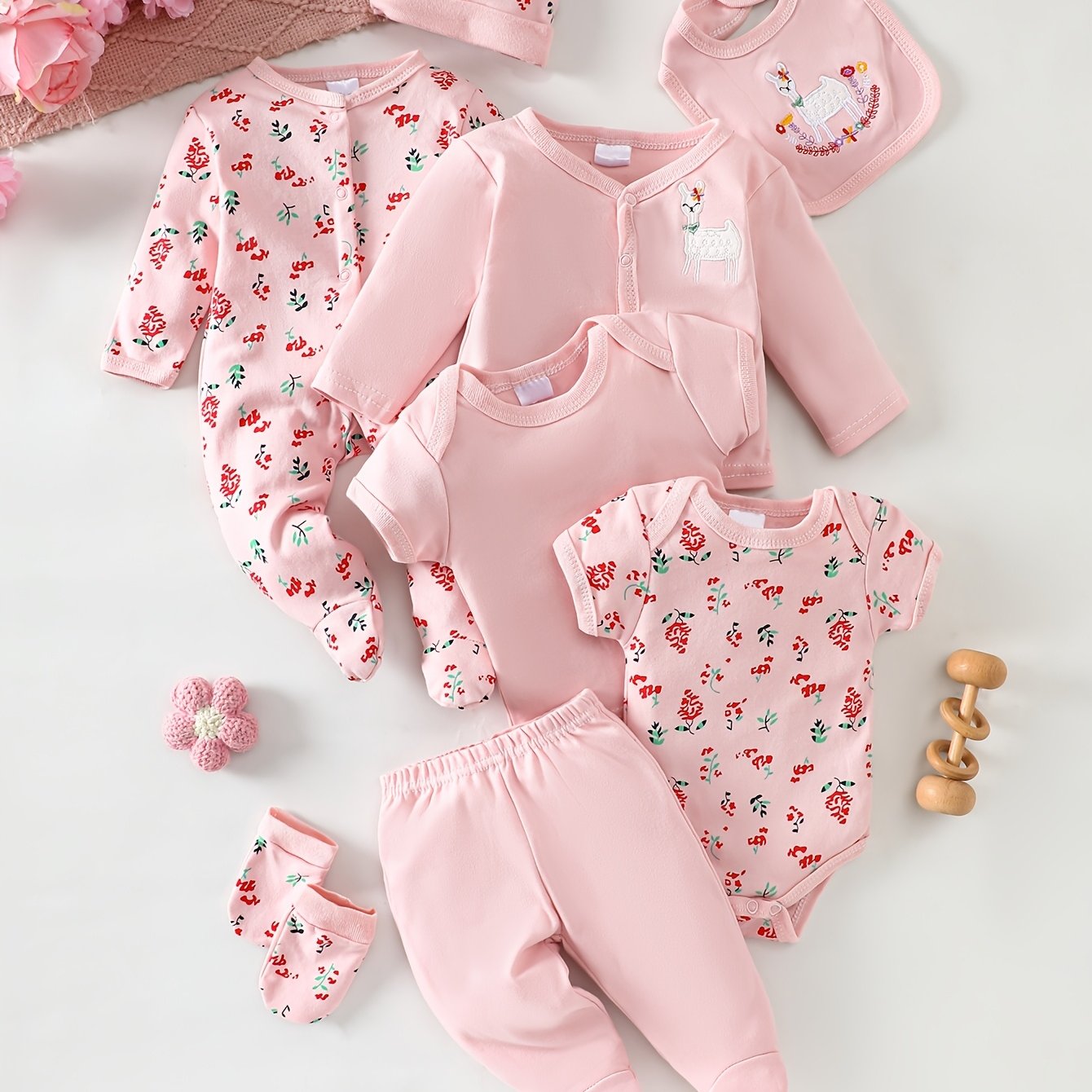 Image of 8pcs Newborn Baby Girl Bodysuit Set, 100%, Comfortable And Breathable, Pink Floral Pattern, Suitable For 0-9 Months Babies For Indoor And Outdoor Wear, Ideal As A Gift, Perfect For Outdoor