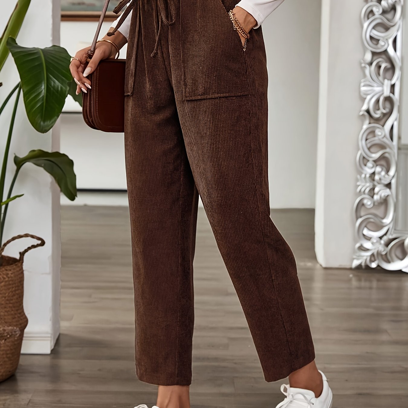 TEMU Elegant Patch Pocket Waistband Elastic Drawstring Casual Pants