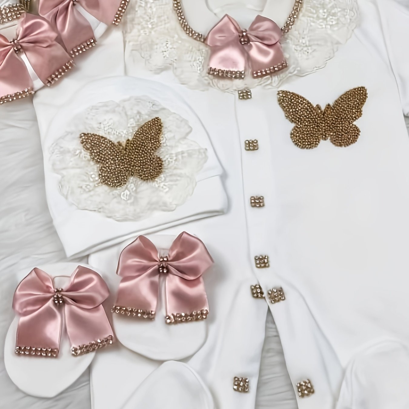 Image of 4pcs Newborn Girl Set Girl Home Outfit Pink Lace Gown Baptism Gift Baby Outfit And Bonnet, For Outdoor