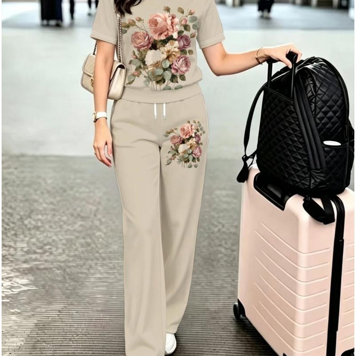 TEMU [printed Design-not Textured] Vintage Floral Women's Pantsuit, Elegant Design, Suitable For Casual Wear And Parties, Classic Retro Style,