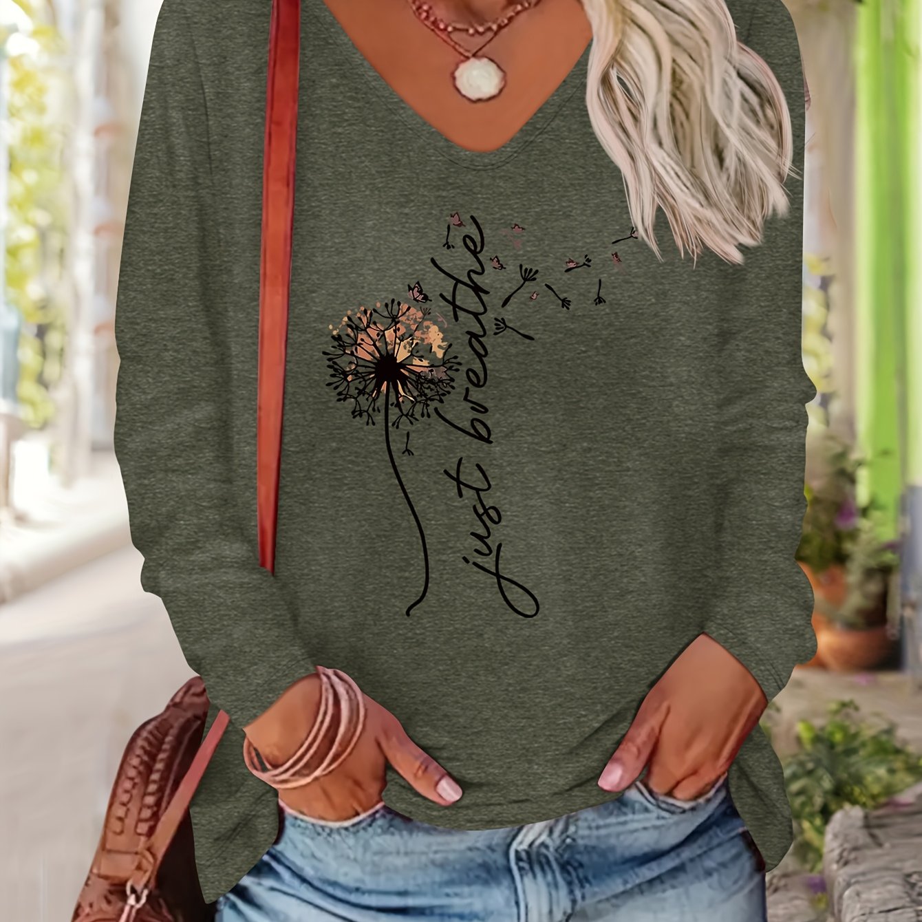 TEMU T-shirt à manches longues et col en V pour femme, style western, motif , automne-hiver, décontracté, polyvalent, tendance, confortable et coloré