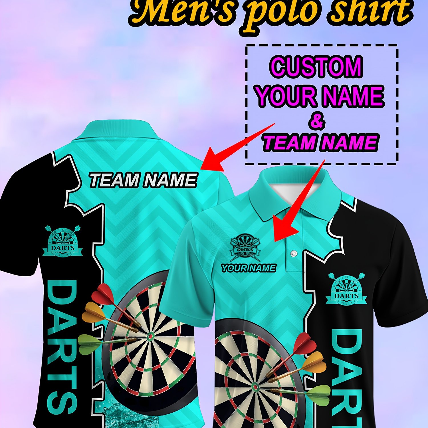 TEMU Men's Custom Shirt With Personalized Name/text And Team Logo/design - Printed Dart Pattern And Numbered Piping, Suitable For Casual, Work,
