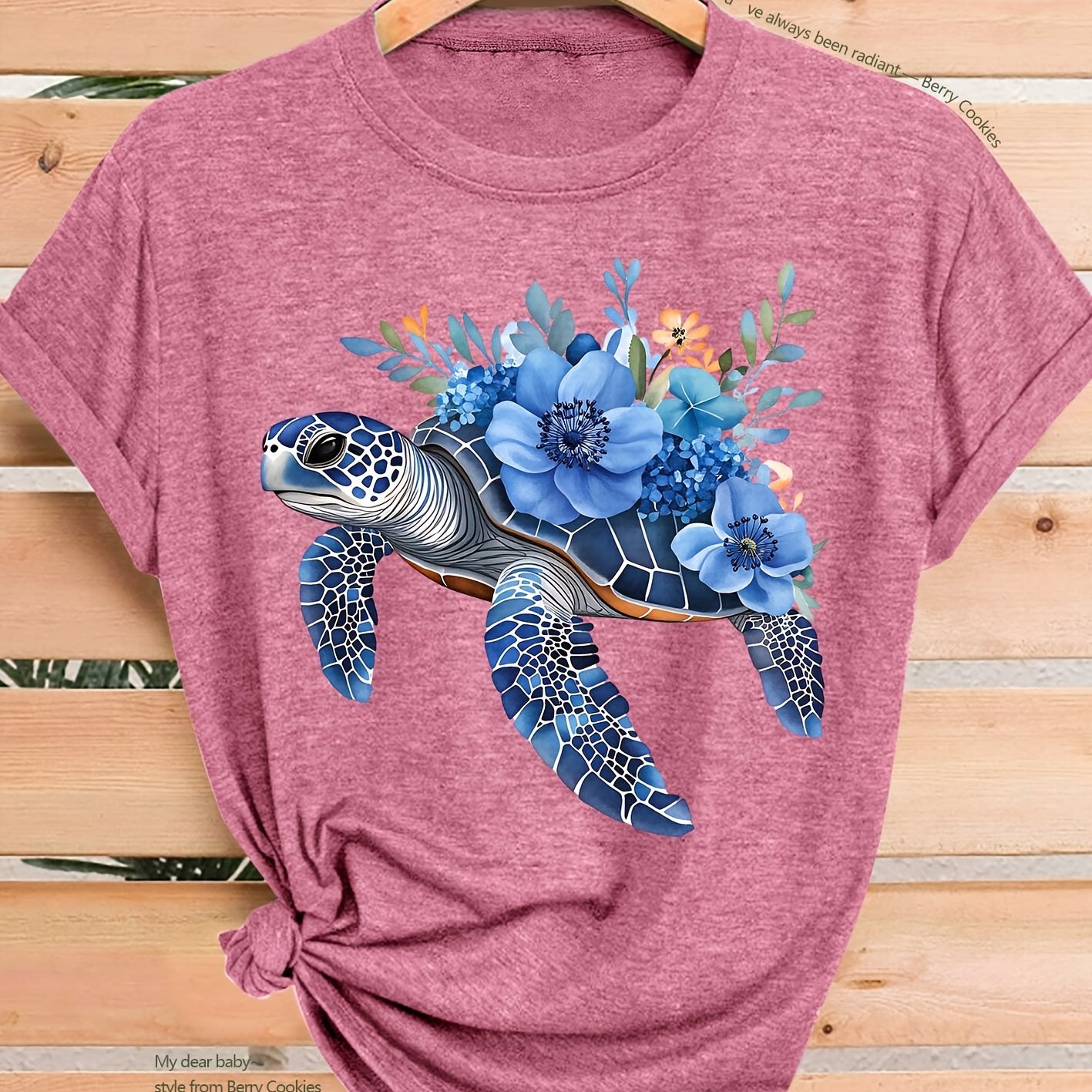 TEMU 2026 New Women's Short-sleeve T-shirt With Blue Floral Turtle Art Print, Suitable For Spring, Summer, And Autumn, Elegant And Versatile Casual